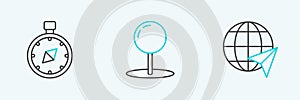 Set line Location on the globe, Compass and Push pin icon. Vector