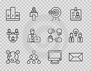 Set line Location on the globe, Envelope, Target with arrow, Hierarchy organogram chart, Award over winner podium