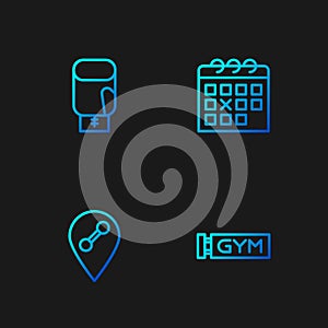 Set line Location gym, , Boxing glove and Calendar fitness. Gradient color icons. Vector