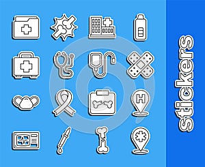 Set line Location hospital, Crossed bandage plaster, Hospital building, Stethoscope, First aid kit, Patient record and