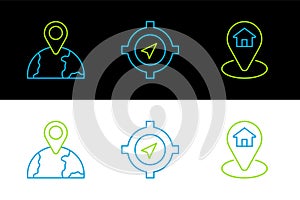 Set line Location with house, the globe and Compass icon. Vector