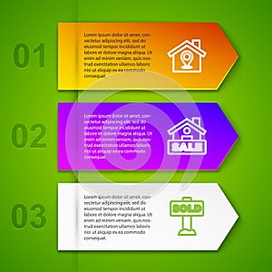 Set line Location with house, Hanging sign Sale and text Sold. Business infographic template. Vector