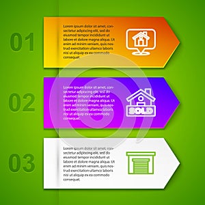 Set line Location with house, Hanging sign text Sold and Garage. Business infographic template. Vector