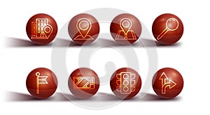 Set line Location with house, marker, Push pin, Traffic light, Gps device map, Road traffic sign and icon. Vector