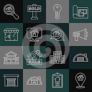 Set line Location with house, Warehouse, Megaphone, House key, Market store, Search and Real estate message icon. Vector