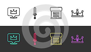 Set line Location king crown, Medieval sword, Decree, parchment, scroll and King on black and white. Vector