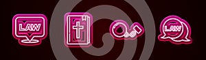 Set line Location law, Holy bible book, Ball chain and Law. Glowing neon icon. Vector