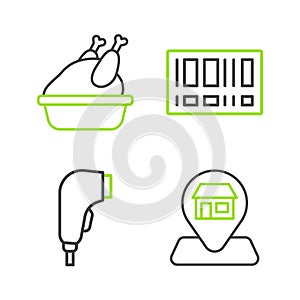 Set line Location Market store, Scanner scanning bar code, Barcode and Roasted turkey chicken icon. Vector