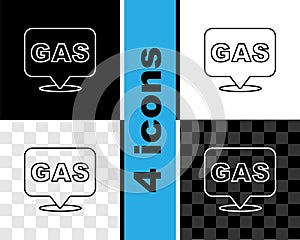 Set line Location and petrol or gas station icon isolated on black and white, transparent background. Car fuel symbol