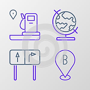 Set line Location, Road traffic sign, Earth globe and and gas station icon. Vector