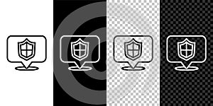 Set line Location shield icon isolated on black and white background. Insurance concept. Guard sign. Security, safety