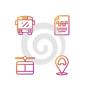 Set line Location with taxi, Cable car, Bus and Taxi driver license. Gradient color icons. Vector