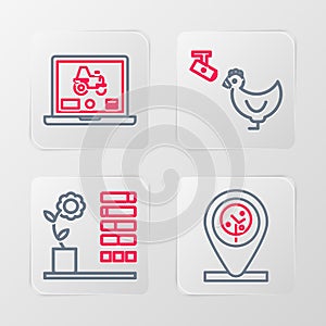 Set line Location and tree, Flower status, Chicken farm camera and Laptop application for smart icon. Vector