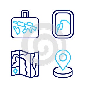 Set line Location, World travel map, Airplane window and Suitcase icon. Vector