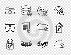 Set line Lock and check mark, Cloud computing lock, CD or DVD disk with, Computer api interface, Folder, Document, Cyber
