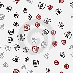 Set line Lock, Cloud computing lock, and Shield security with on seamless pattern. Vector