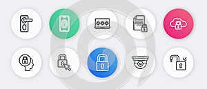 Set line Lock, Cloud computing lock, Security camera, Document and, Laptop with password, Open padlock and icon. Vector