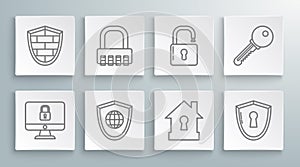 Set line Lock on computer monitor screen, Safe combination lock, Shield with world globe, House under protection