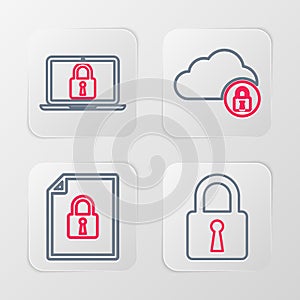 Set line Lock, Document and lock, Cloud computing and Laptop icon. Vector
