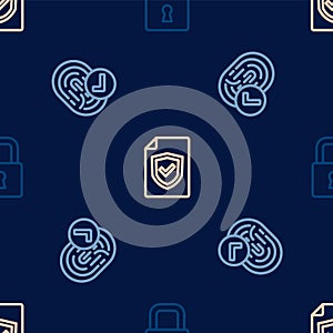 Set line Lock, Fingerprint and Contract with shield on seamless pattern. Vector