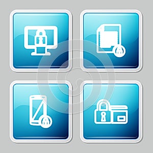 Set line Lock on monitor, Document and lock, Smartphone with and Credit card icon. Vector