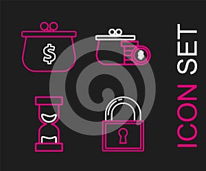 Set line Lock, Old hourglass with flowing sand, Wallet coins and dollar symbol icon. Vector