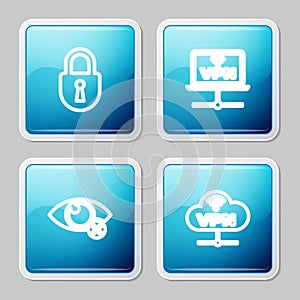Set line Lock, VPN Computer network, Invisible hide and Network cloud connection icon. Vector