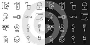 Set line Locked key, Key, Folder and lock, Open padlock, repair, Bunch of keys and Old icon. Vector