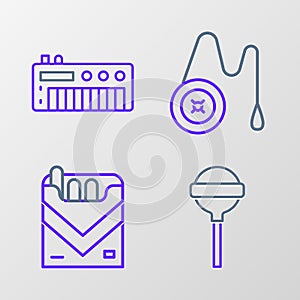 Set line Lollipop, Cigarettes pack box, Yoyo toy and Music synthesizer icon. Vector