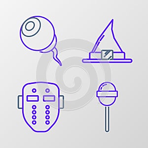 Set line Lollipop, Hockey mask, Witch hat and Eye icon. Vector