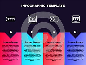 Set line Lottery ticket, King playing card, and Laptop and slot machine. Business infographic template. Vector