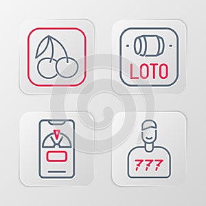 Set line Lucky player, wheel on phone, Lottery ticket and Slot machine with cherry icon. Vector