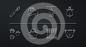 Set line Machete, Paw print, Mosquito, Animal cage, Camping hat, Car, Tiger head and Spider icon. Vector