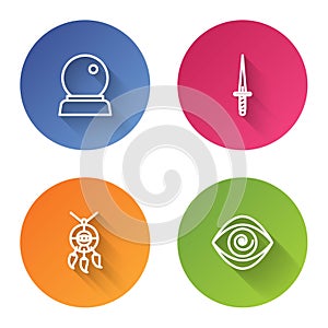 Set line Magic ball, Dagger, Dream catcher with feathers and Hypnosis. Color circle button. Vector