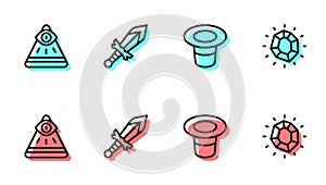 Set line Magic hat, Masons, Medieval sword and stone icon. Vector