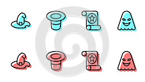 Set line Magic scroll, Witch hat, and Ghost icon. Vector