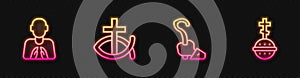 Set line Magic staff, Hands in praying position, Christian fish and cross. Glowing neon icon. Vector