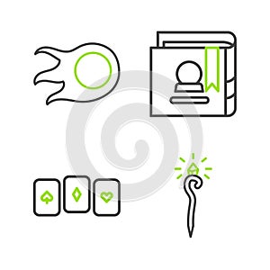 Set line Magic staff, Playing cards, Ancient magic book and Fireball icon. Vector