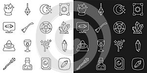 Set line Magic stone, Moon and stars, Witches broom, ball and Pentagram in circle icon. Vector