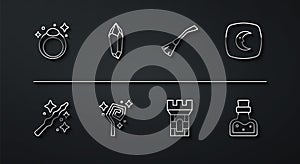 Set line Magic stone ring, wand, Moon stars, Castle tower, staff, Bottle with potion and Witches broom icon. Vector