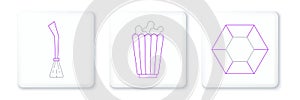 Set line Magic stone, Witches broom and Popcorn in box icon. Vector