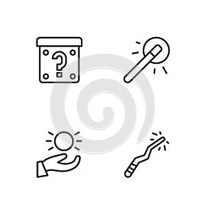 Set line Magic wand, Ball levitating above hand, Mystery box and icon. Vector