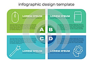 Set line Magic wand, Computer mouse, Human head with gear inside and Eraser or rubber. Business infographic template. Vector