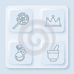 Set line Magic wand, Crown, Bottle with love potion and Magic mortar and pestle. White square button. Vector