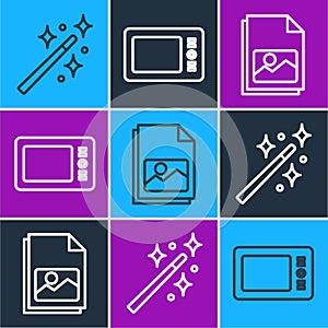 Set line Magic wand, Picture landscape and Graphic tablet icon. Vector