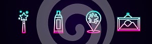 Set line Magic wand, Tube with paint palette, Paint spray and Picture landscape. Glowing neon icon. Vector