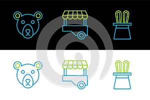 Set line Magician hat and rabbit ears, Bear head and Fast street food cart icon. Vector