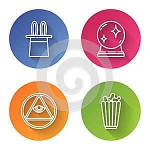Set line Magician hat and rabbit ears, Magic ball, Masons and Popcorn in box. Color circle button. Vector