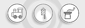 Set line Magician hat, Toy train and Firework rocket icon. Vector
