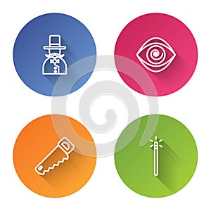 Set line Magician, Hypnosis, Hand saw and wand. Color circle button. Vector